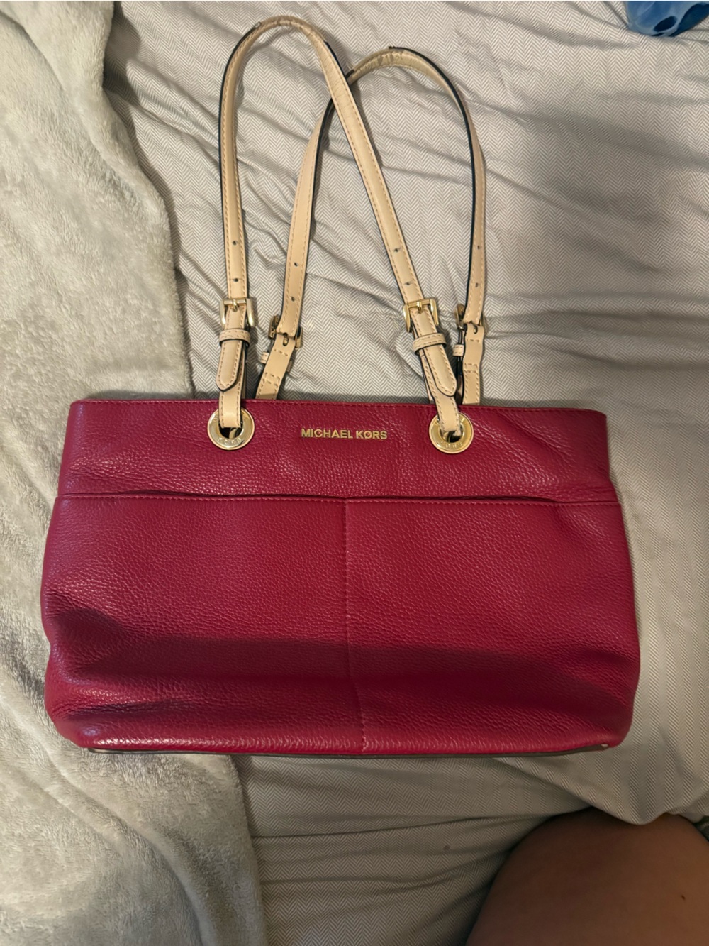 Michael Kors Red Leather Shoulder Bag with Cream Straps